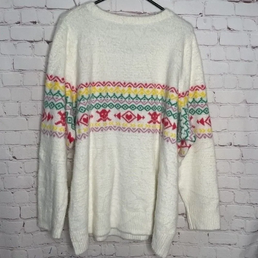 NWT Torrid Womens Tan Fuzzy Yarn Crew Fair Isle Skull Sweater Size 3X‎